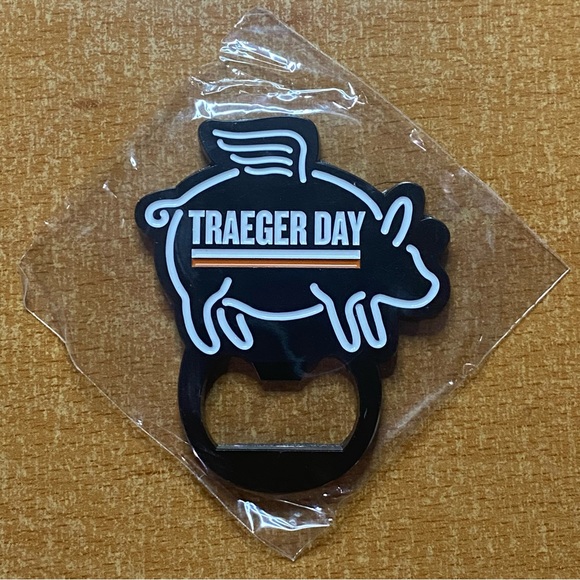 Matte Black Magnetic Bottle Opener Traeger Day Flying Pig Design & Sticker - Picture 1 of 2